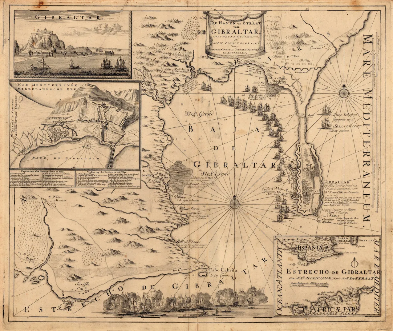 Antique Dutch map of the Strait of Gibraltar with inset views of the Rock