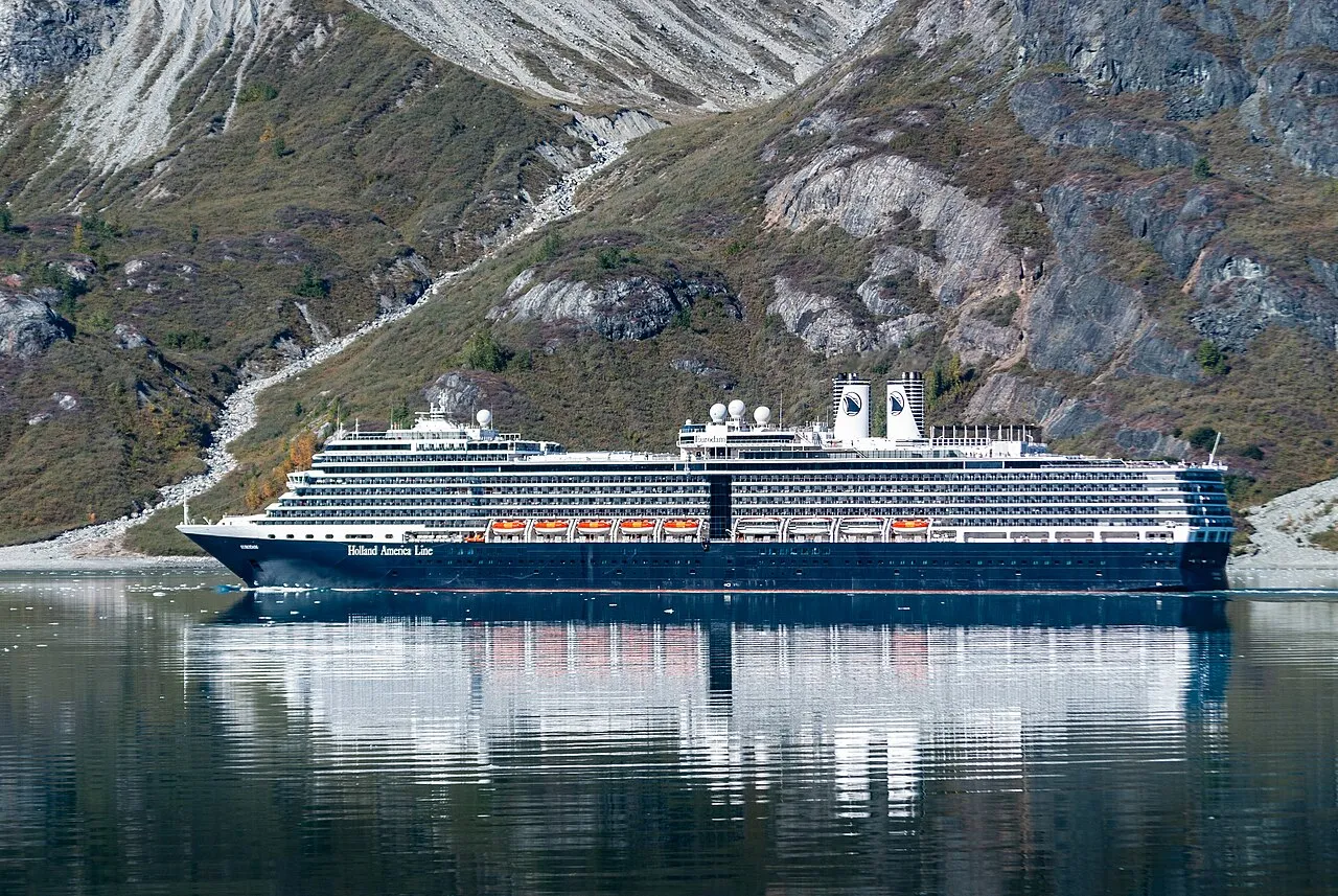Panoramic view of Glacier Bay with mountains and ice