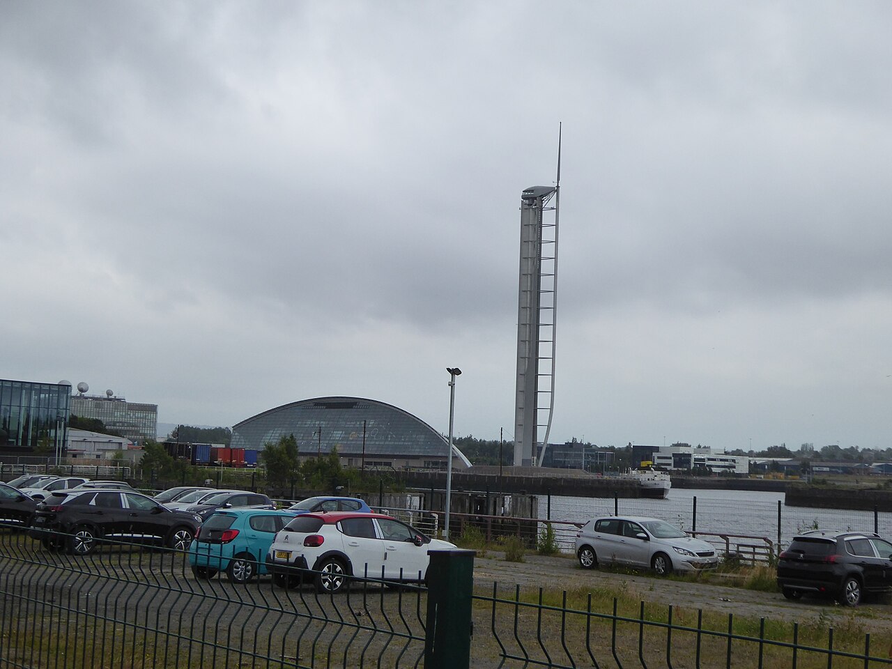 Glasgow Science Centre dome and Glasgow Tower on the River Clyde