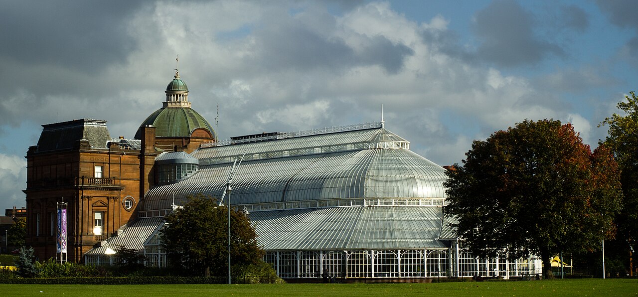 People's Palace museum and Winter Gardens glasshouse on Glasgow Green with autumn trees
