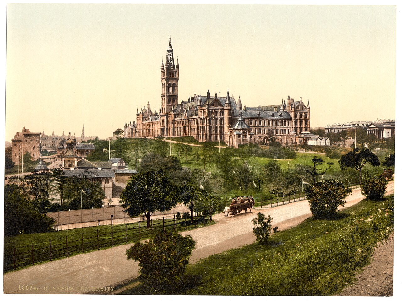 Historical photochrom of Glasgow University from Kelvingrove Park