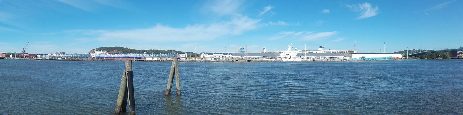 Panoramic view of Gothenburg harbor with America's Cup World Series banner