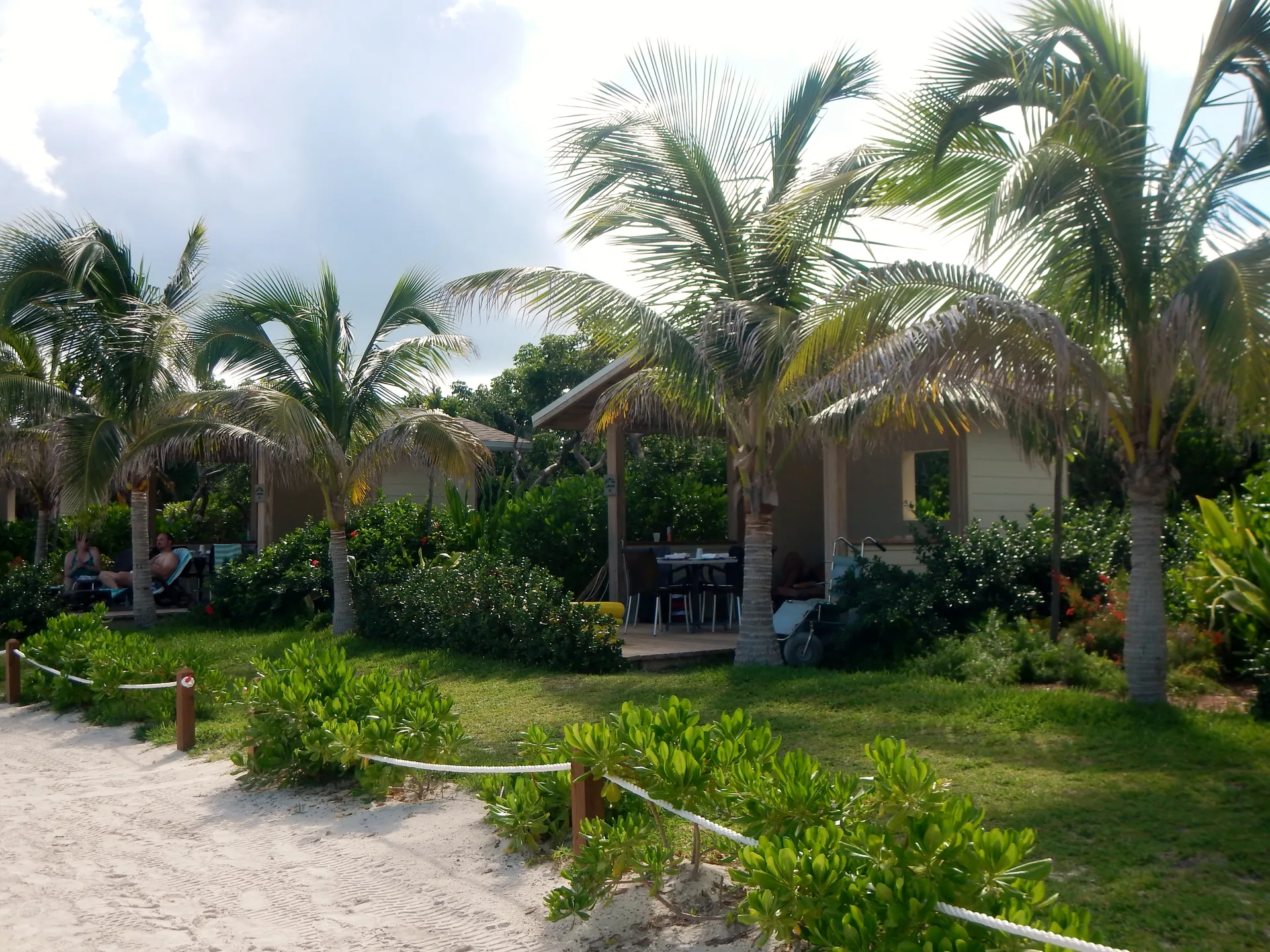 Beachfront cabanas among coconut palms at Great Stirrup Cay with a sandy rope-lined path, landscaped hibiscus beds, guests in loungers, and a beach wheelchair parked beside a cabana