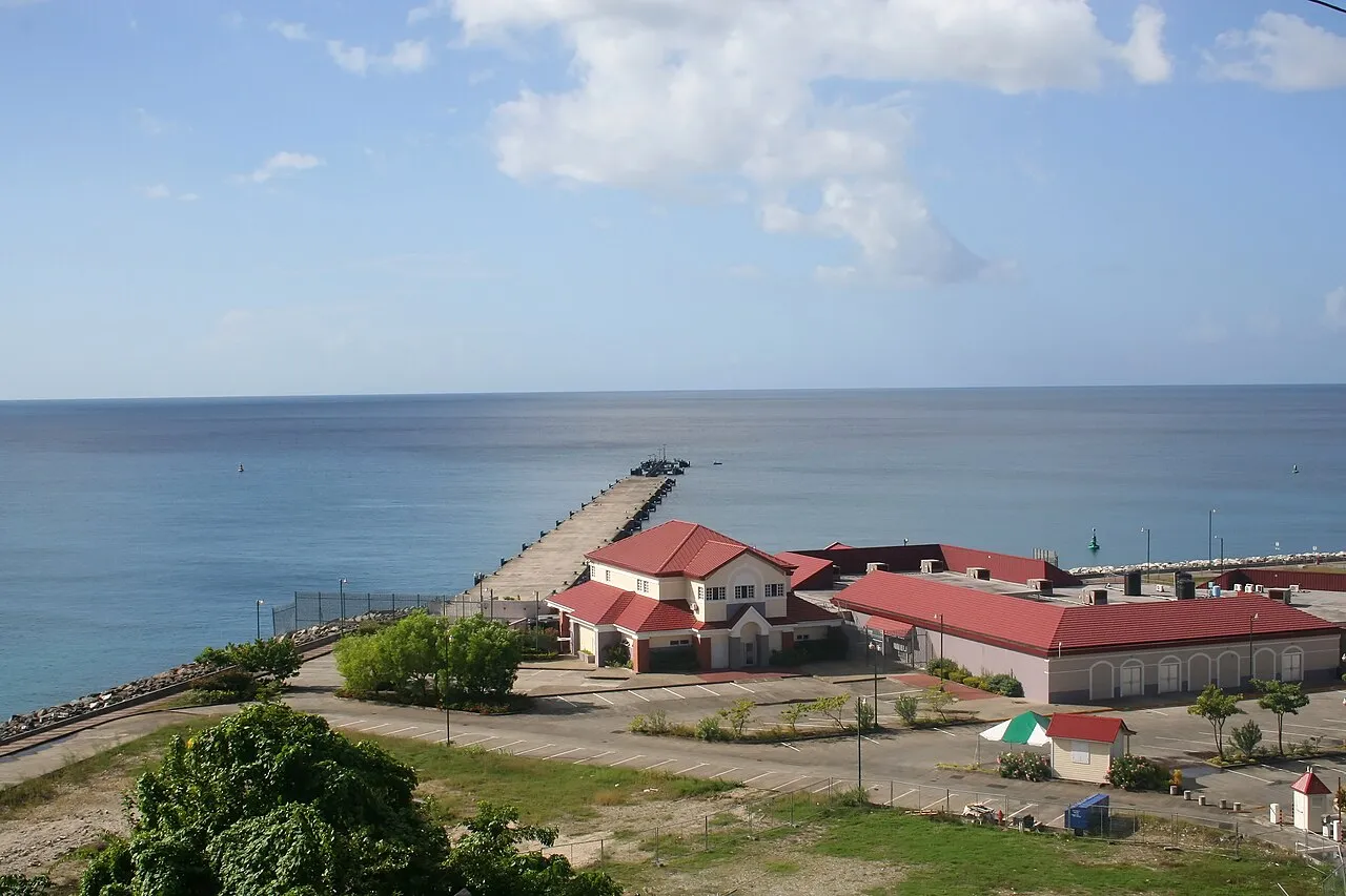 Cruise ship quay at Melville Street Terminal with turquoise Caribbean waters