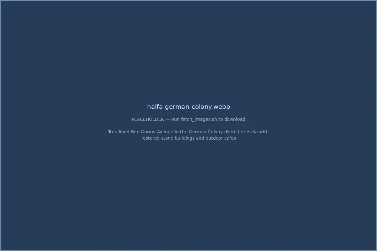 Tree-lined Ben Gurion Avenue in the German Colony district of Haifa with restored stone buildings and outdoor cafes