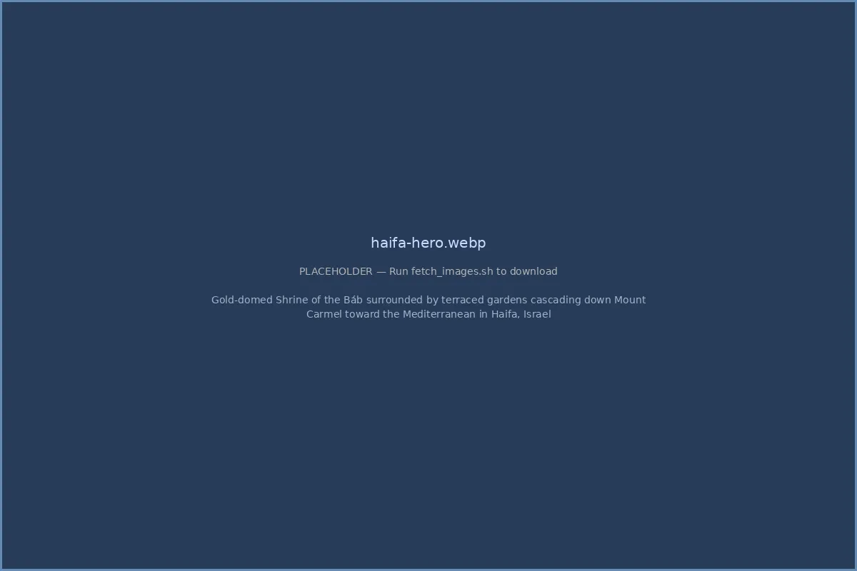 Gold-domed Shrine of the Báb surrounded by terraced gardens cascading down Mount Carmel toward the Mediterranean in Haifa, Israel