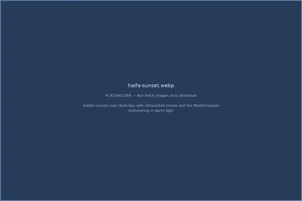 Golden sunset over Haifa Bay with silhouetted cranes and the Mediterranean shimmering in warm light