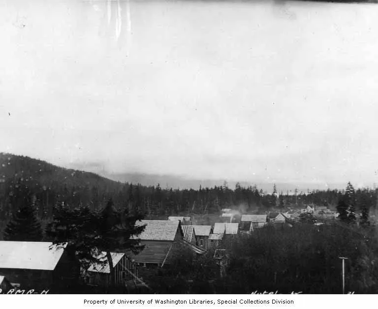 Downtown Haines Alaska streetscape with mountains in background