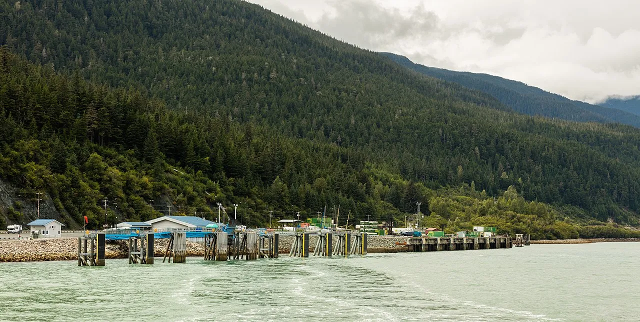 Chilkat River valley with snow-capped mountains in the Haines area