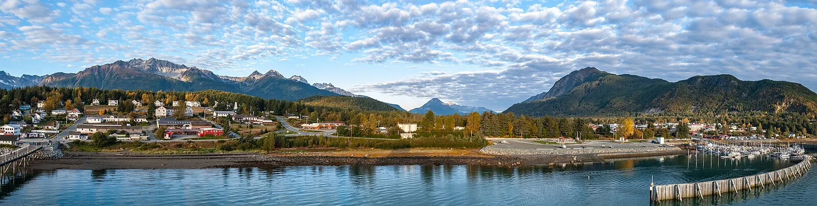 Haines Harbor with fishing boats and mountain backdrop
