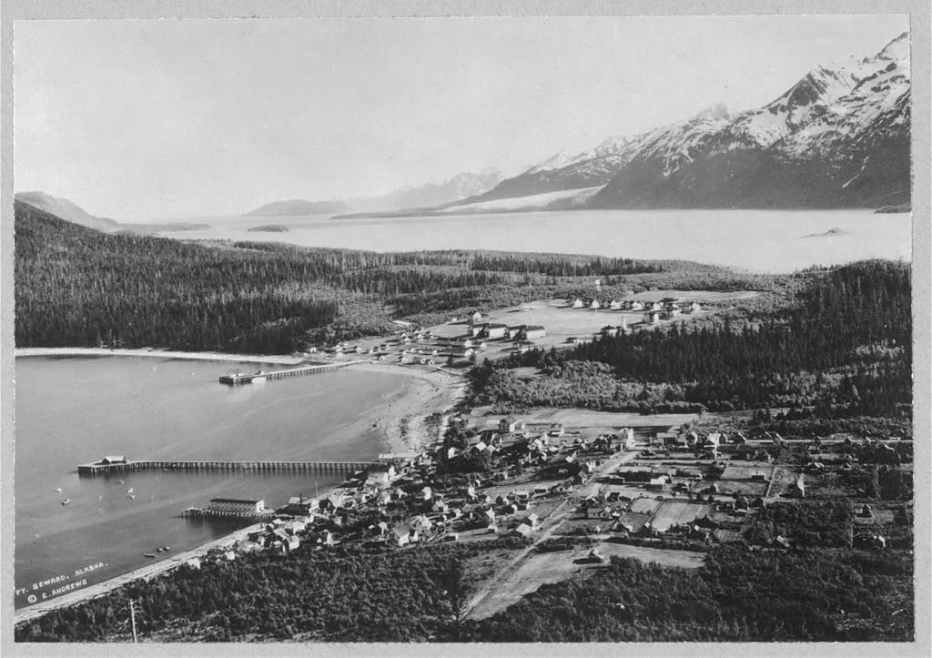 Circa-1900 elevated view of Haines, Alaska showing the early waterfront and the site of Fort Seward