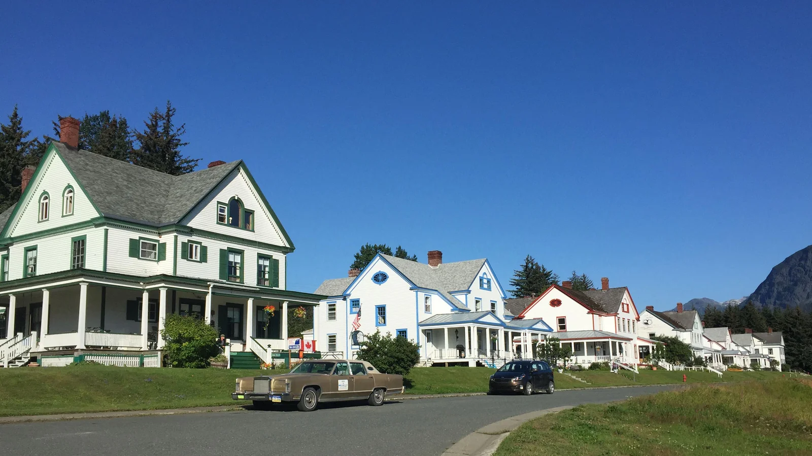 A row of historic white officers' quarters at Fort William H. Seward in Haines, Alaska