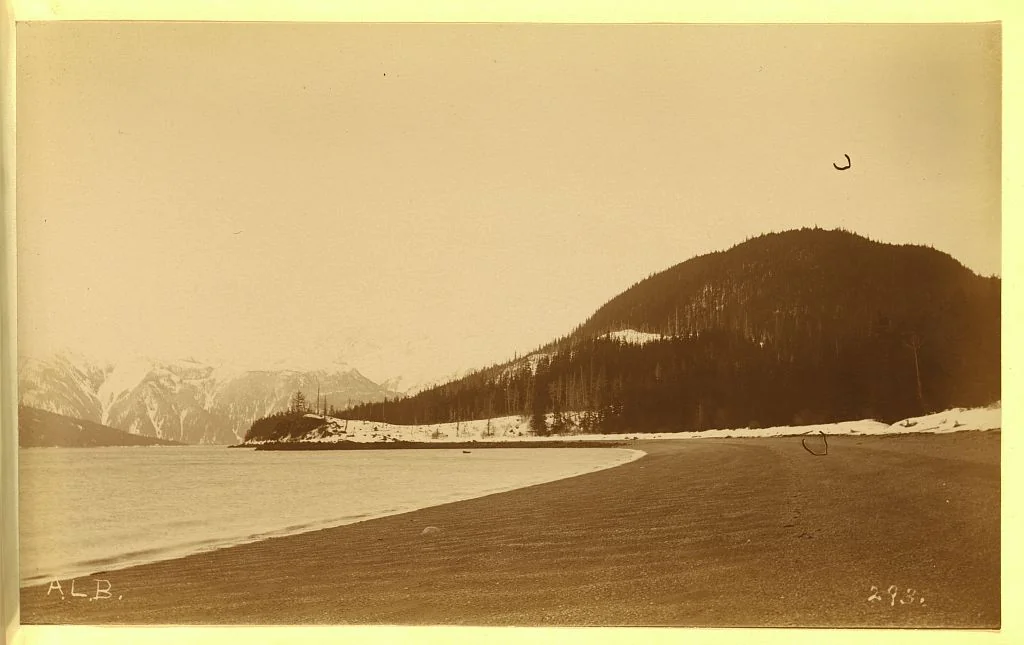 1894 photograph of a curving beach at Haines Mission with the snow-capped Chilkat Range behind