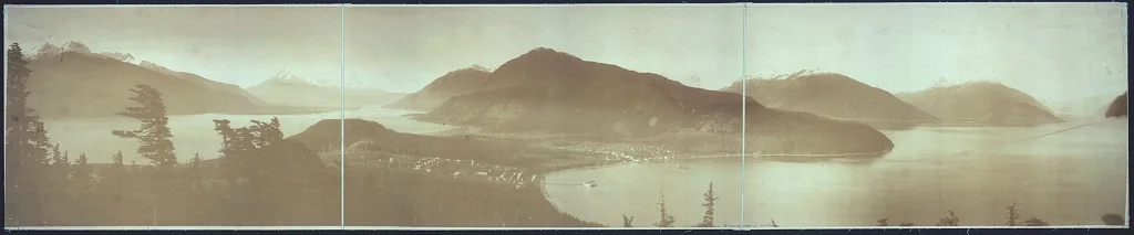 1915 panoramic photograph of Haines and Fort Seward from across Lynn Canal