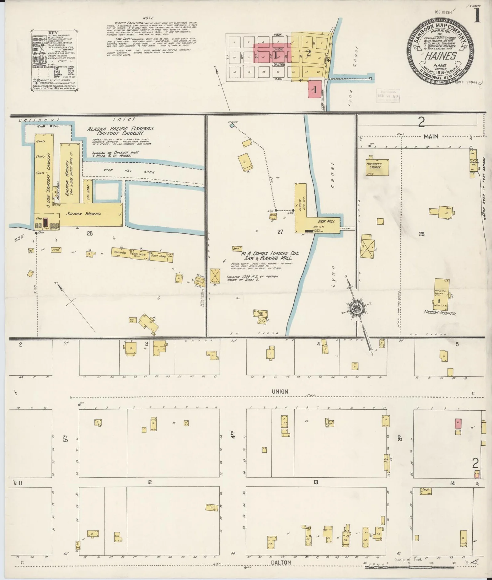 1914 Sanborn fire insurance map of Haines Alaska showing the waterfront cannery and early town grid