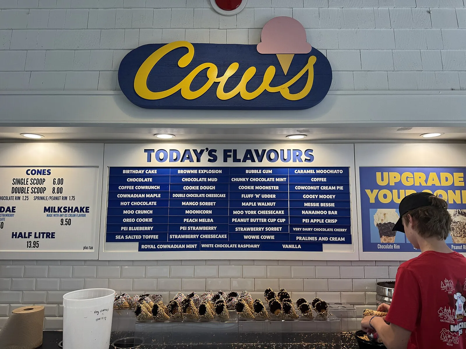Inside Cow's Ice Cream at Cable Wharf showing Today's Flavours menu board