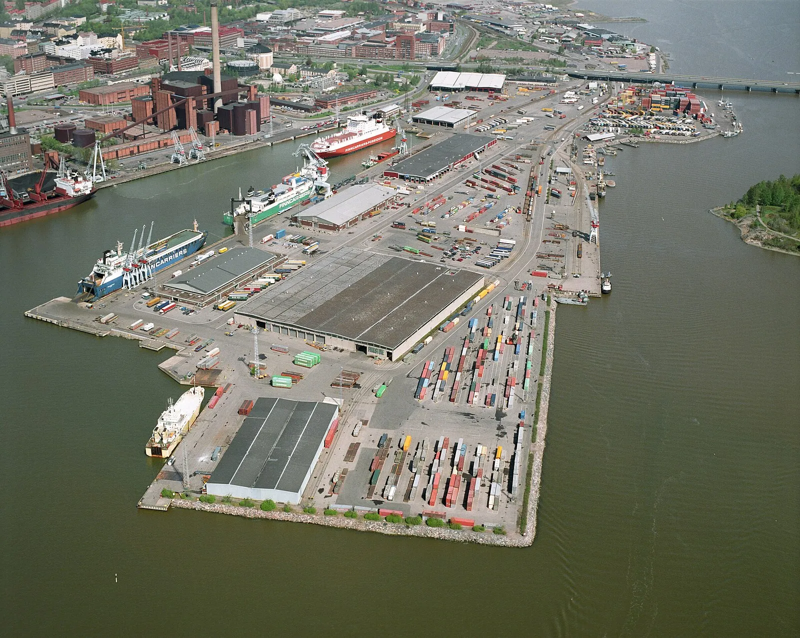 Aerial view of Helsinki West Harbour with container ships and Finnlines ferry