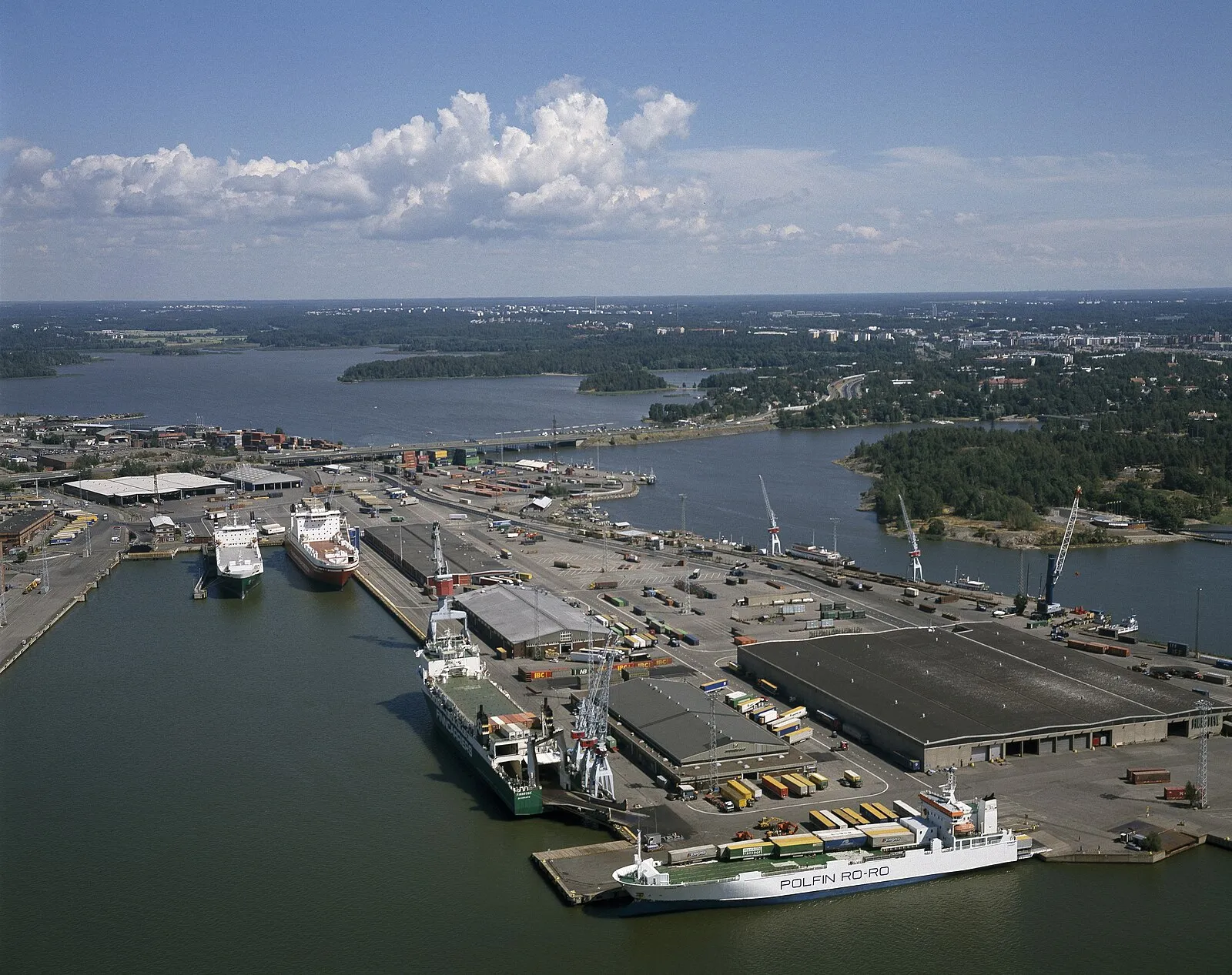 Aerial view of Helsinki port with POLFIN RO-RO vessel and archipelago islands
