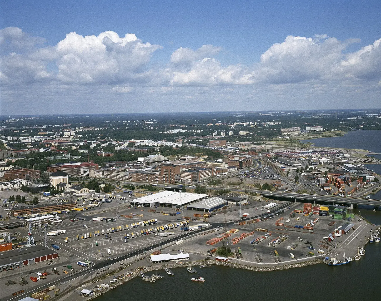 Aerial view of Helsinki Sörnäinen port area with city and industrial waterfront