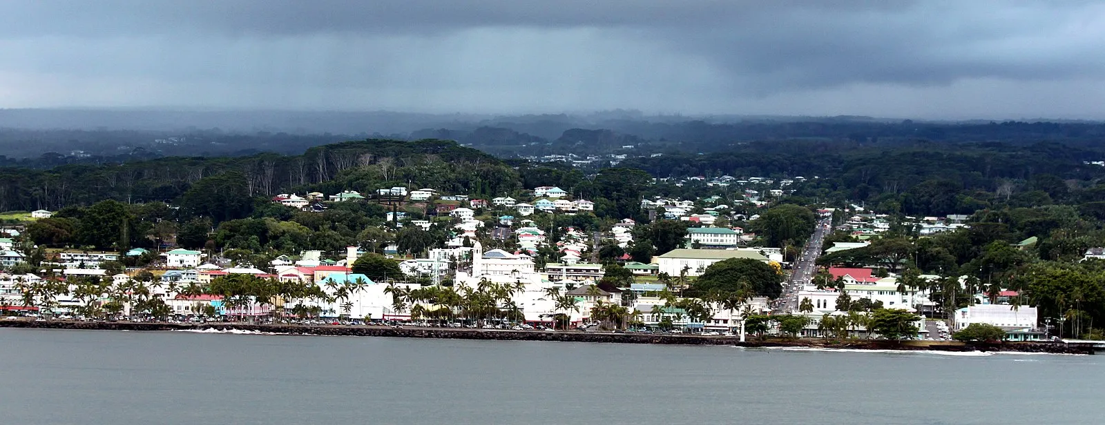 Panoramic view of Hilo town from the sea with colorful buildings and green hills