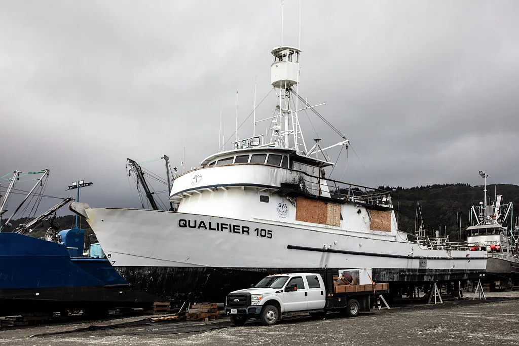 Commercial fishing vessel Qualifier 105 in dry dock at Homer, Alaska
