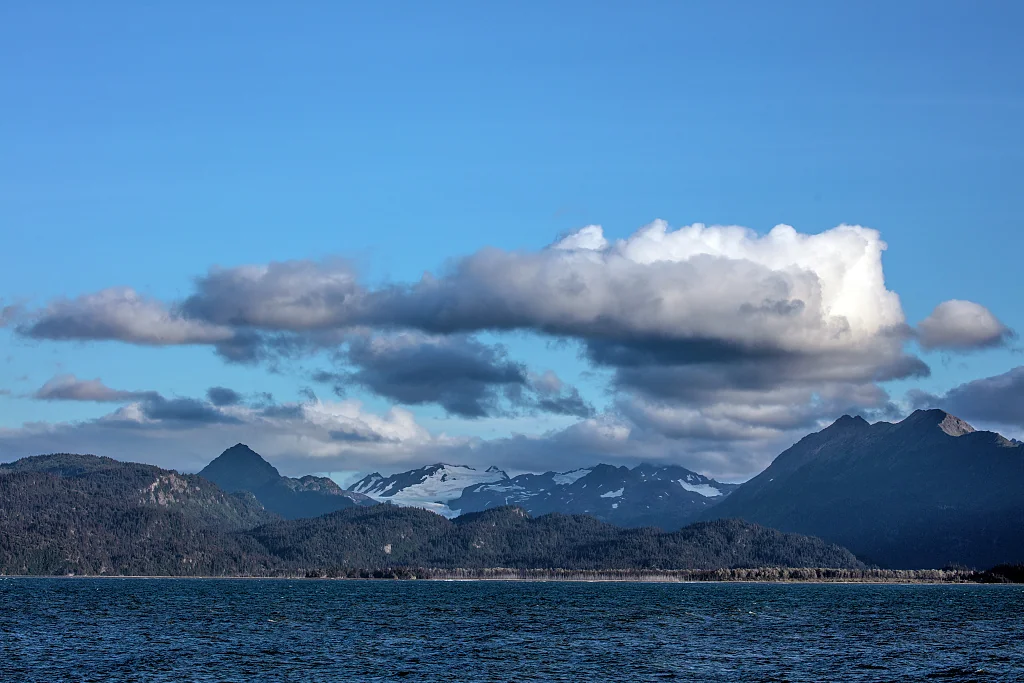 Forested peninsulas and snow-touched Kenai Mountain peaks seen from Homer across Kachemak Bay