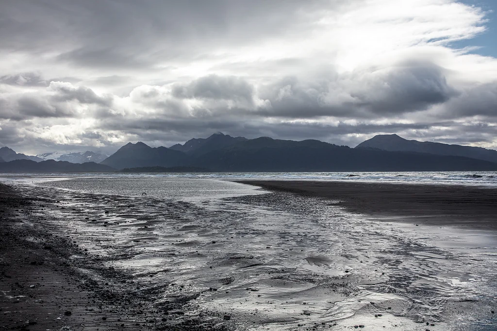 Dark mudflats and receding water at low tide in front of the Kenai Mountains near Homer, Alaska