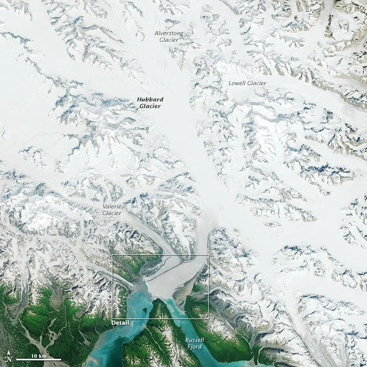 Landsat 8 satellite image of Hubbard Glacier and surrounding St. Elias Mountains with Russell Fjord to the south