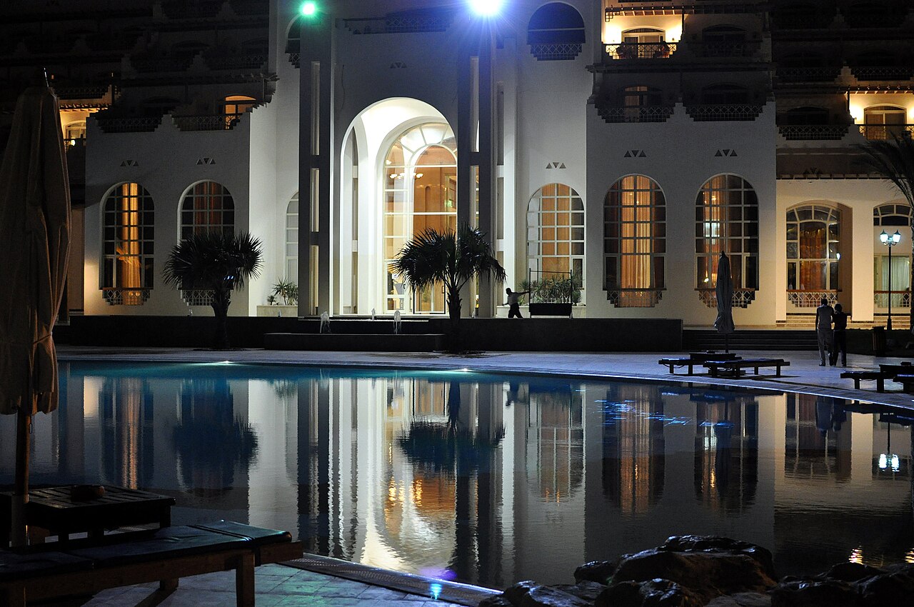 Historic mosque in Hurghada's Ad-Dahar district with traditional minarets against a clear blue sky