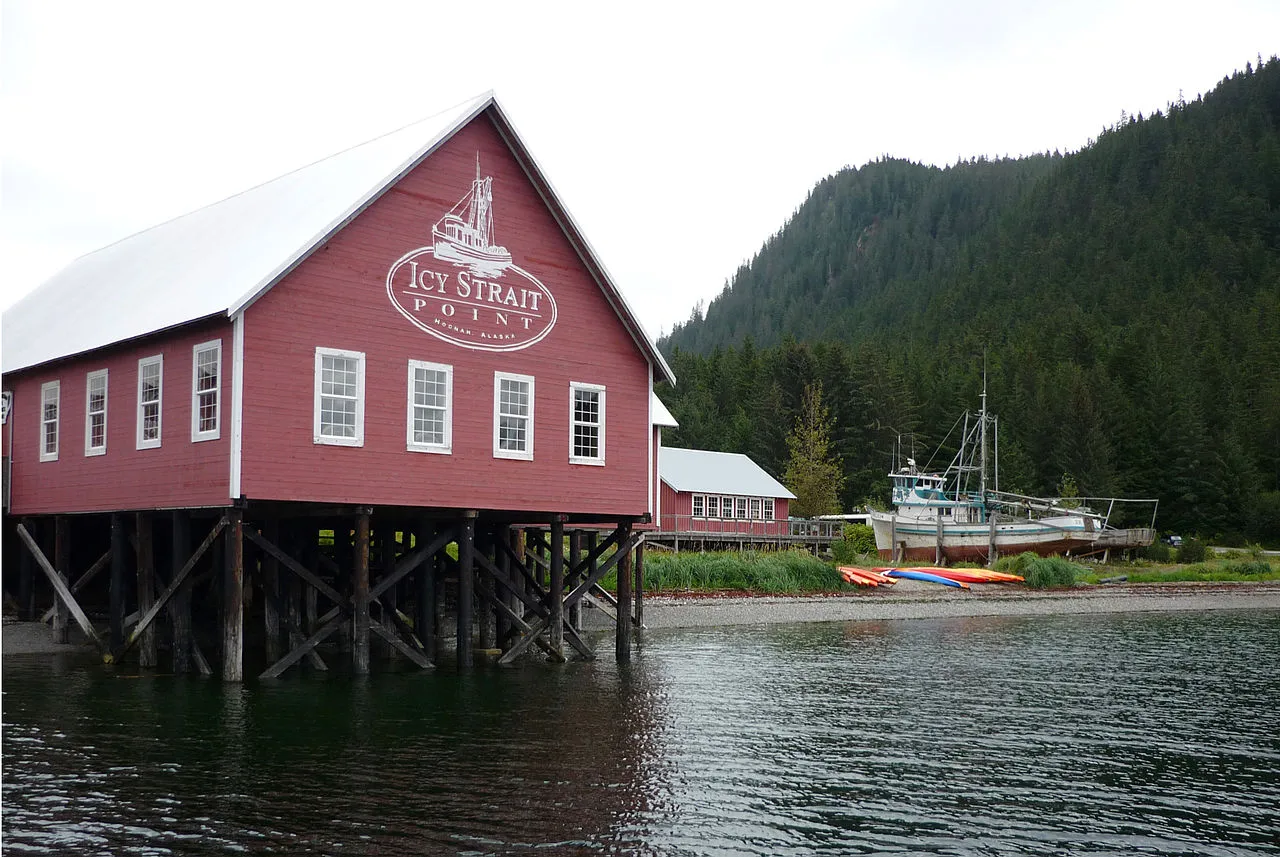 Port panorama showing Icy Strait Point dock and surrounding wilderness