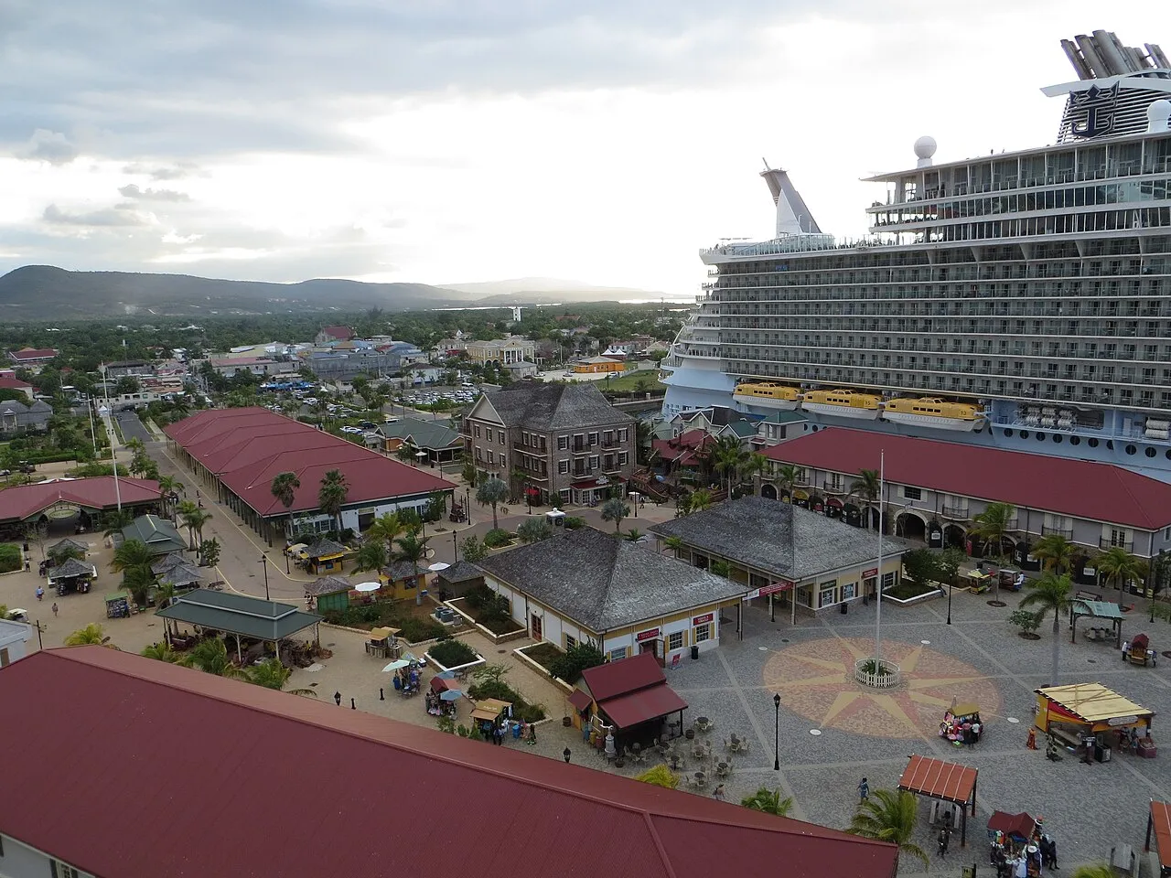 Aerial view of Port of Falmouth showing the cruise terminal, Georgian architecture, and Caribbean coastline