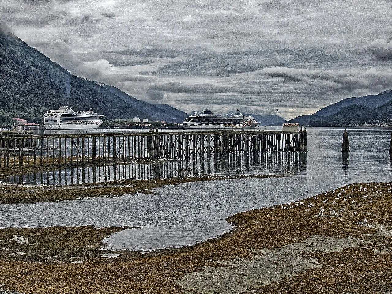 Coastal view of the Juneau Alaska mountains and waterfront