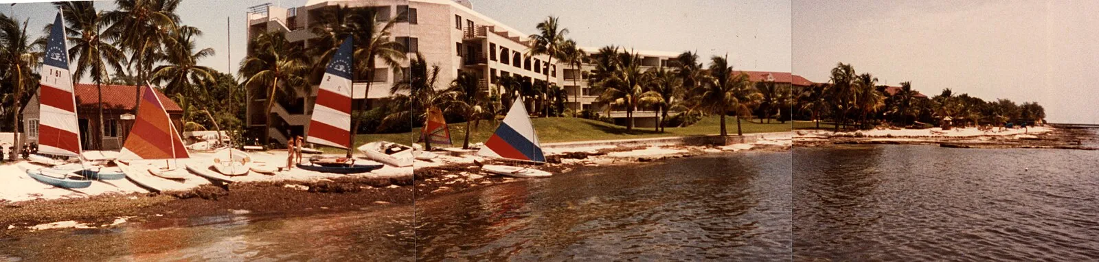 Vintage sailboats on a Key West beach with hotel and palm trees
