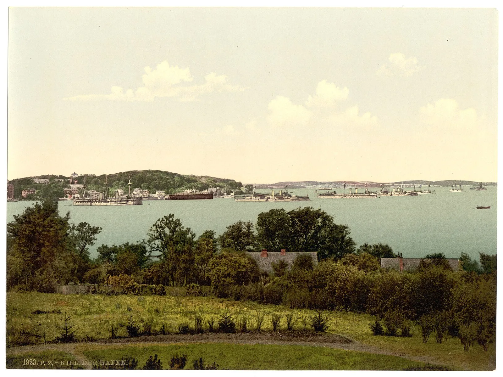 Historical photochrom panoramic of Kiel harbor with naval fleet in the Kieler Förde