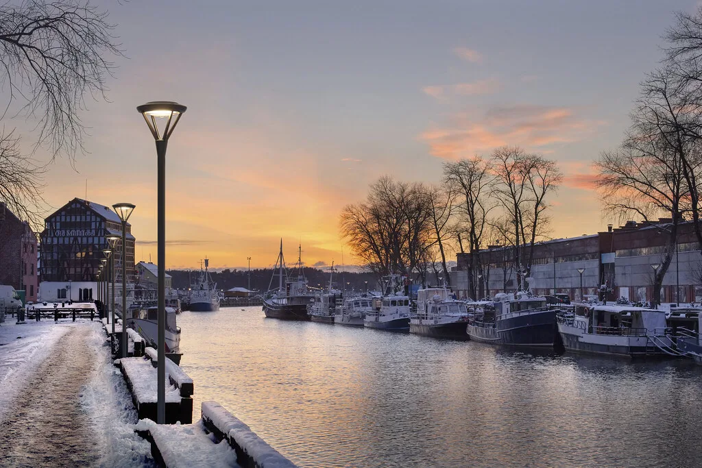Klaipeda Old Town waterfront along the Dane River with colorful buildings