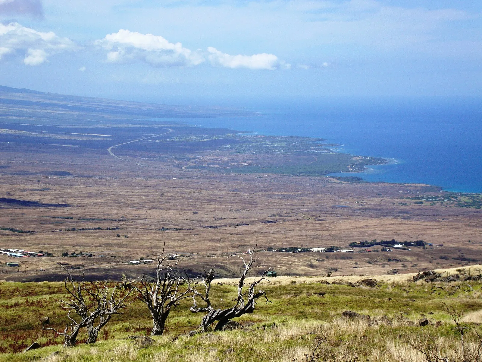 View from Kohala slopes looking down at Kona coast with lava fields and ocean