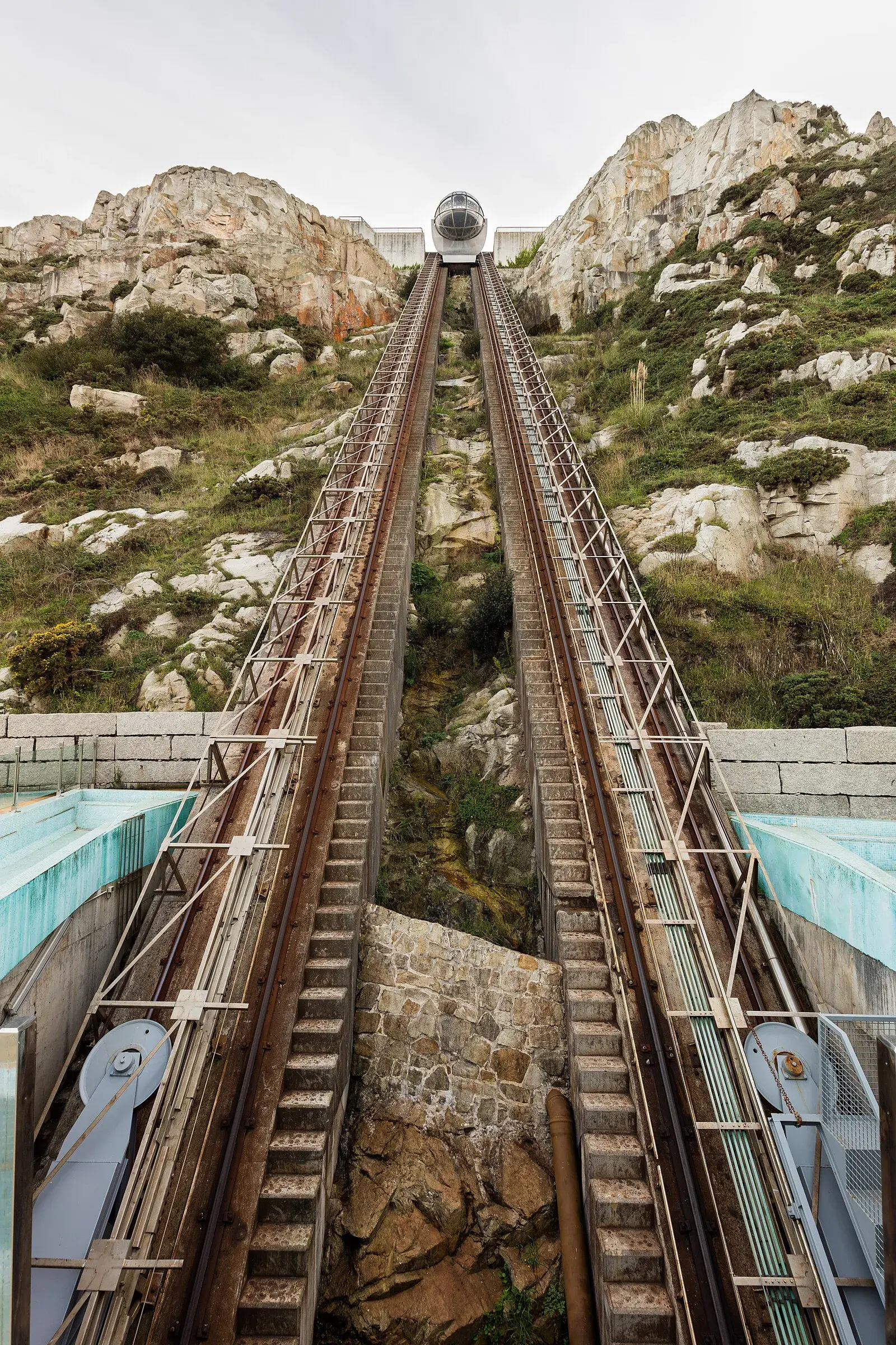 Funicular railway ascending granite hillside at Monte de San Pedro, A Coruña