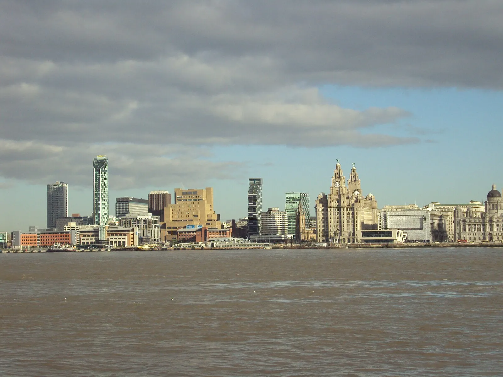 Liverpool waterfront with the Three Graces — Royal Liver Building, Cunard Building, and Port of Liverpool Building from the Mersey