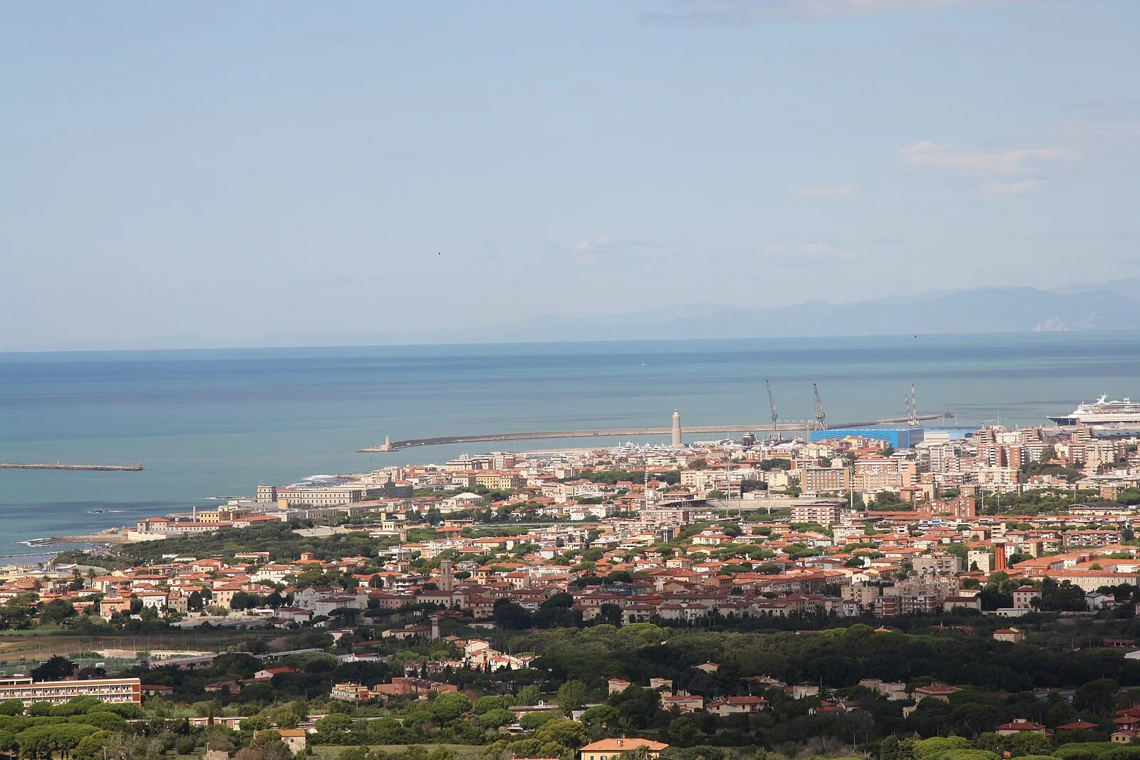 Terrazza Mascagni checkerboard promenade along the Livorno seafront at sunset