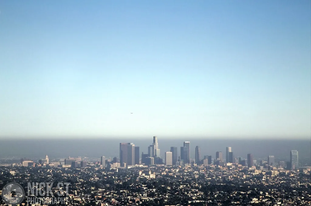 Panoramic view of Los Angeles skyline and surrounding hills