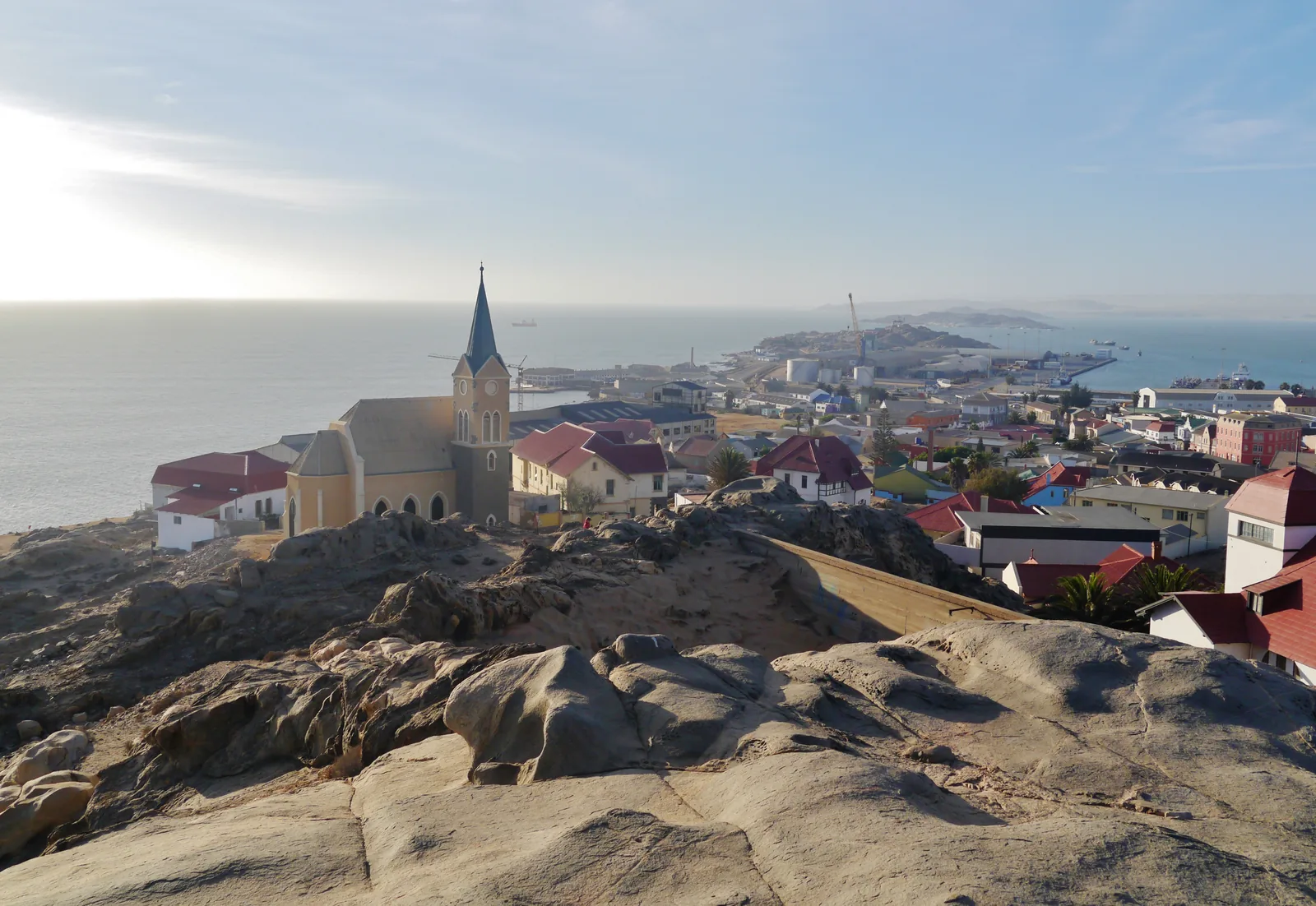 The Felsenkirche at Lüderitz seen from the Diamantberg above the town, with the bay beyond