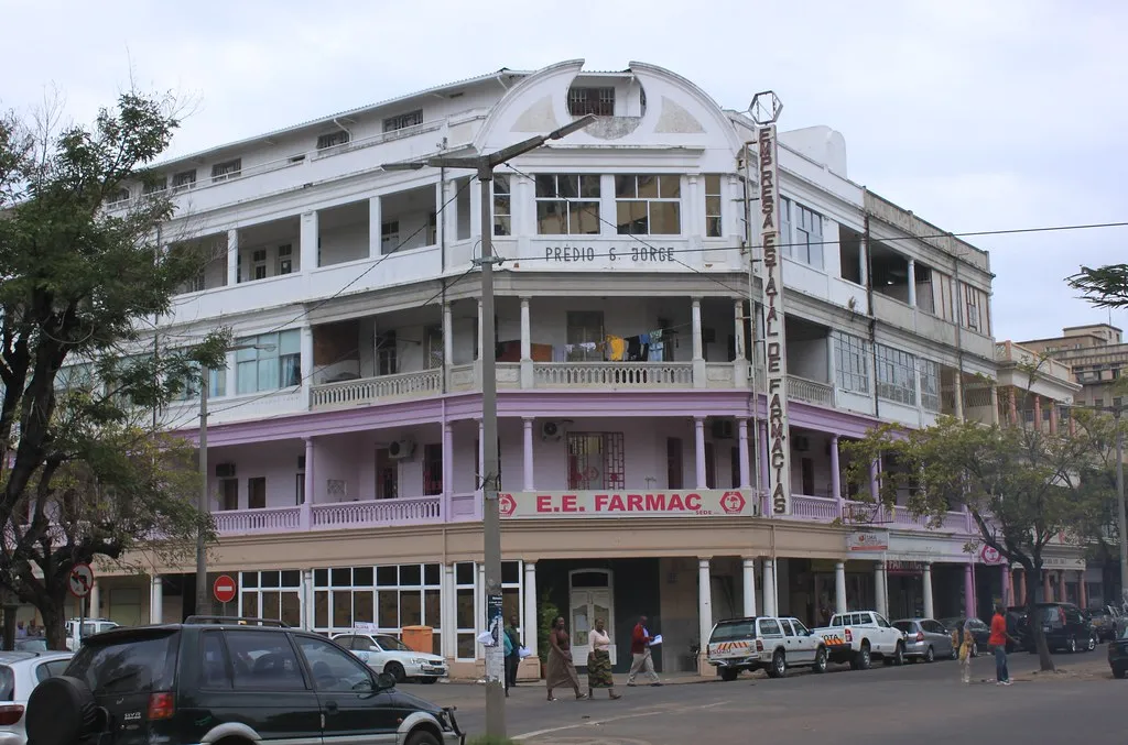Art Deco architectural details on a colonial-era building facade along Maputo's main boulevard