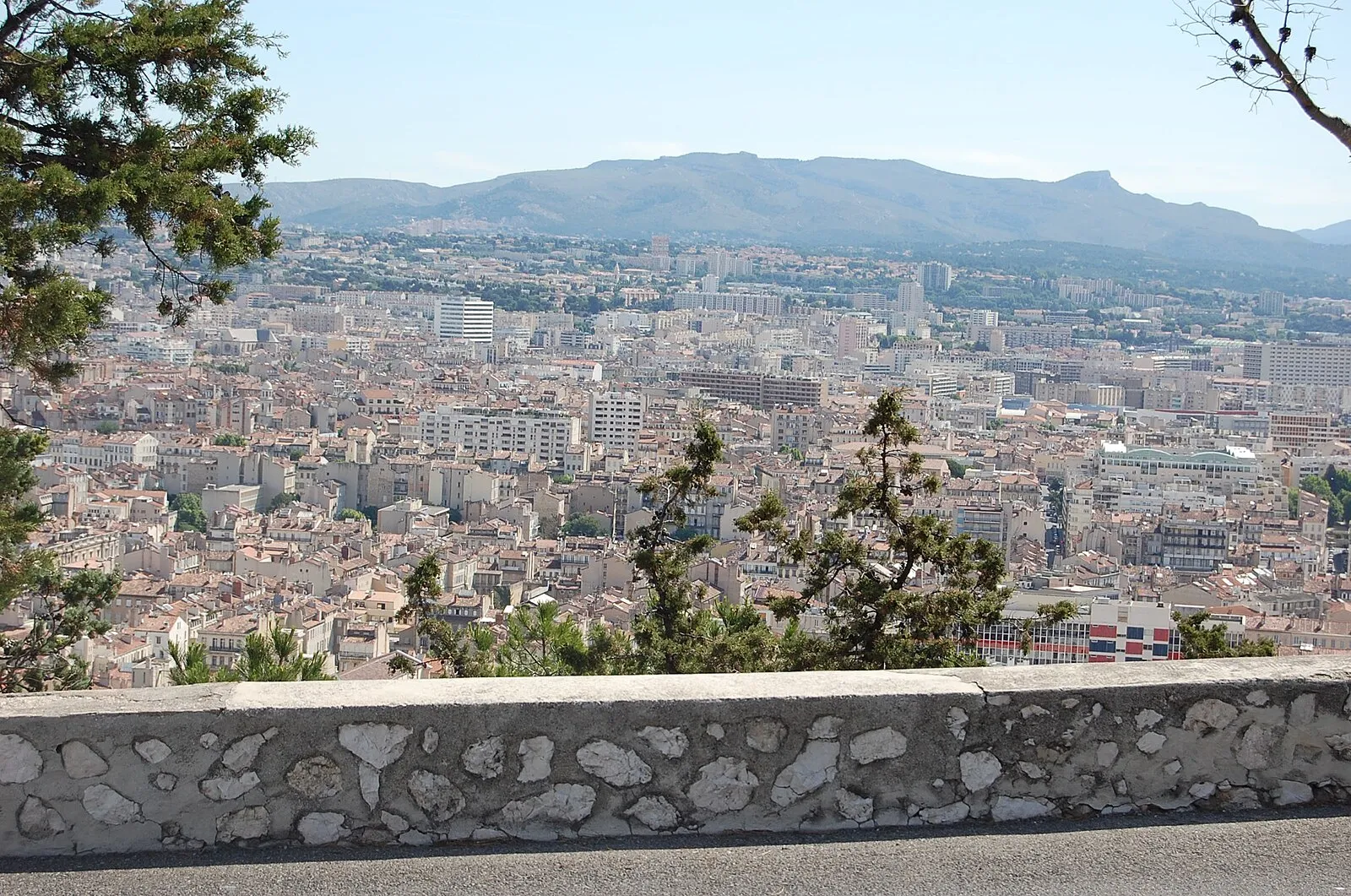 Marseille cityscape from Notre-Dame de la Garde with mountains