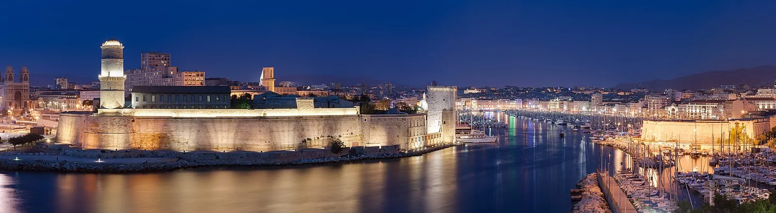Marseille Vieux-Port at blue hour with Fort Saint-Jean illuminated