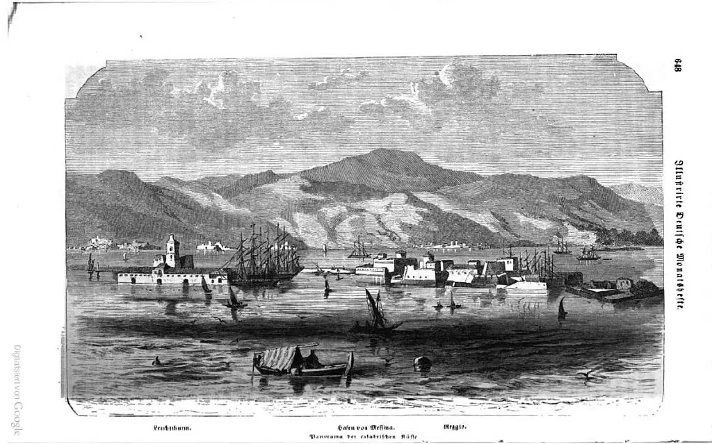 Historical German engraving of Messina harbor showing lighthouse, ships, and Calabrian coast