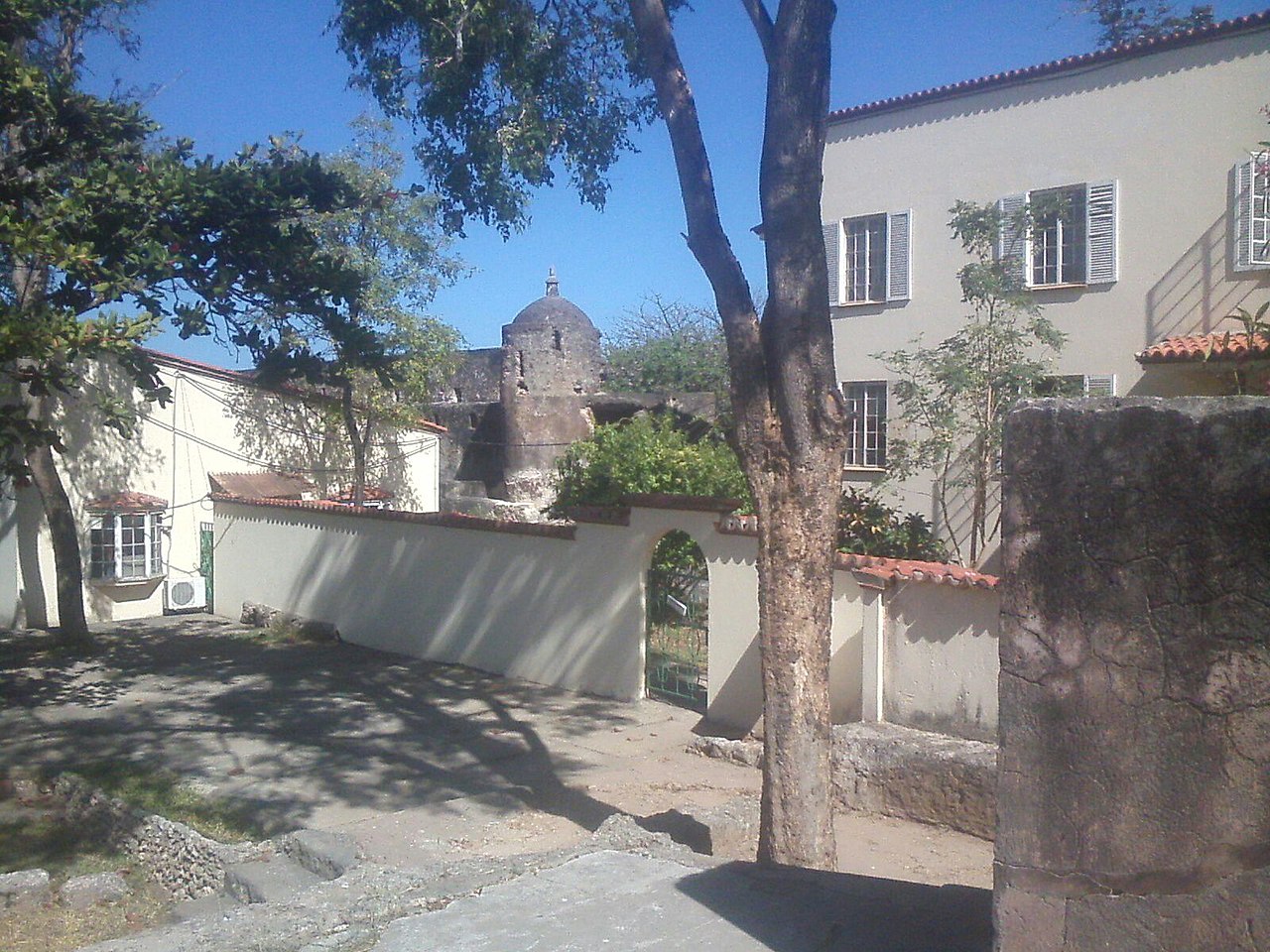 The coral-stone walls of Fort Jesus overlooking the Indian Ocean with cannon emplacements