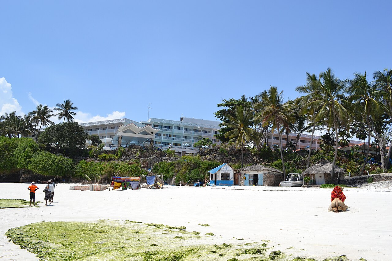 View of Nyali waterfront with hotels and palm trees lining the Mombasa coastline