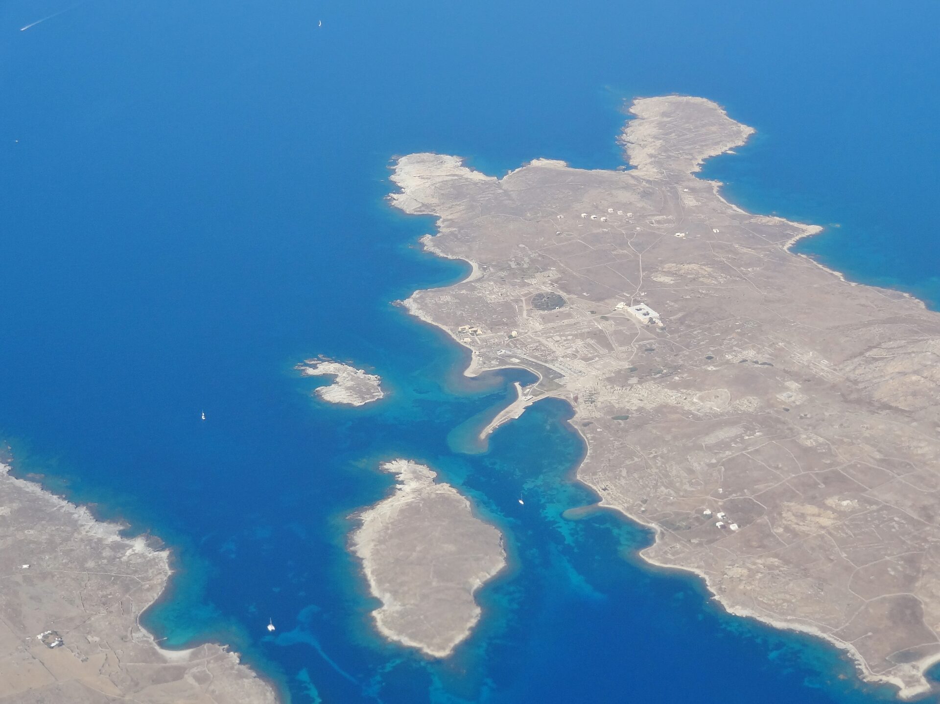 Aerial view of Delos and Rhenia islands in the Aegean Sea