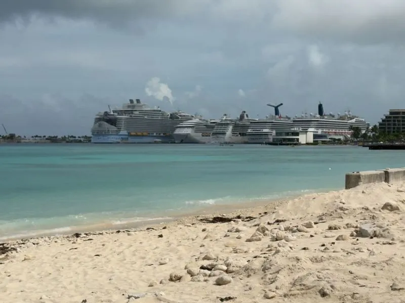 Colorful downtown Nassau street scene with pastel colonial buildings and Bahamian charm on full display