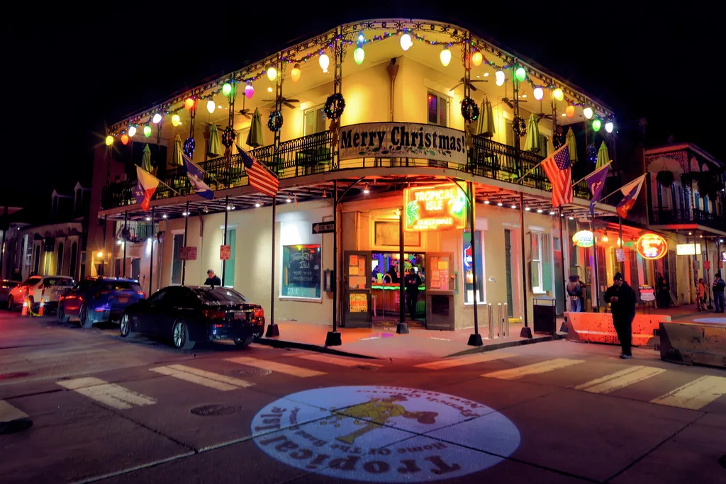 New Orleans French Quarter street with wrought-iron balconies